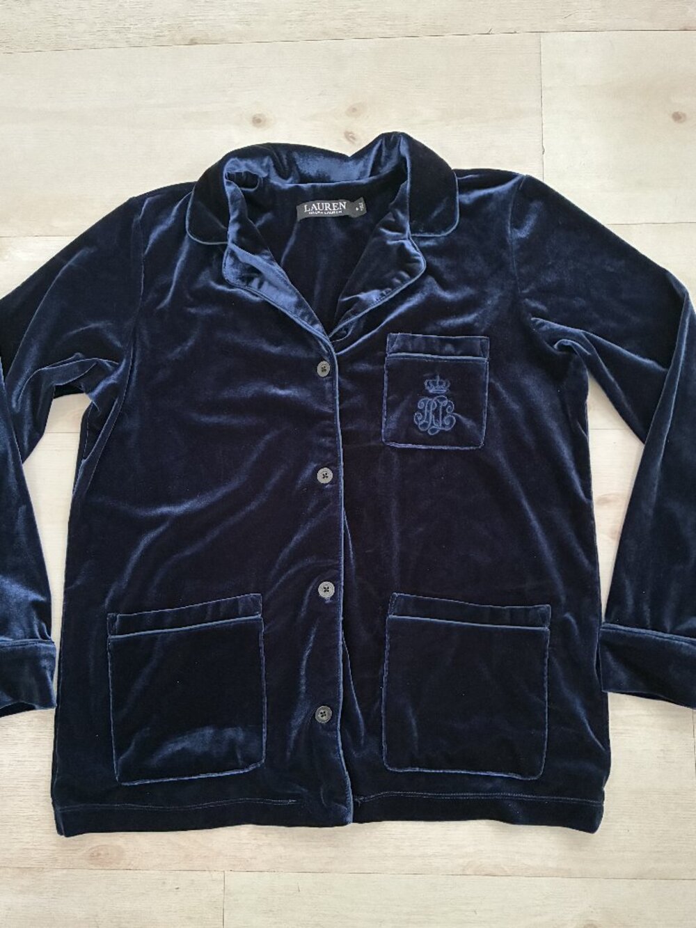 Lauren Ralph Lauren Midnight Blue Velvet Embroidered Pajama Top Size Small